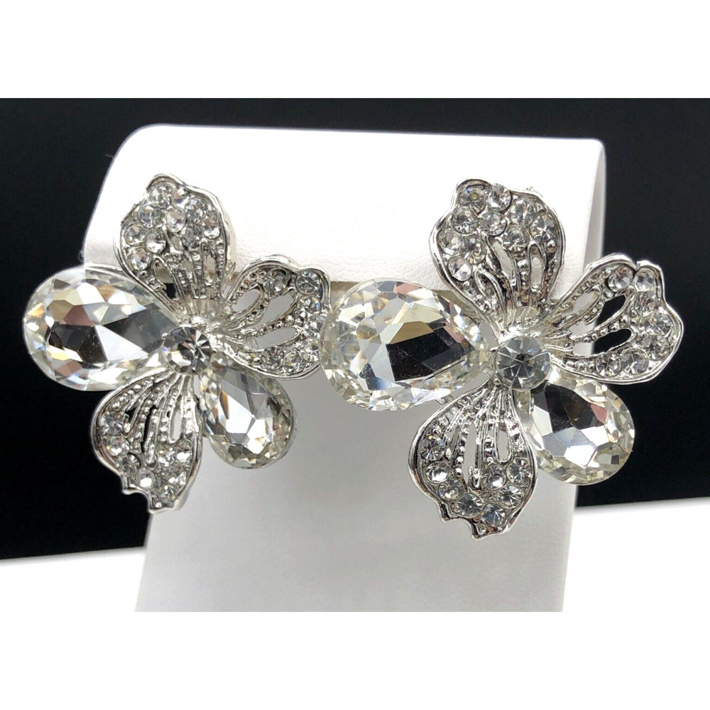 Rhinestone Flower Earrings Clear Crystal Silver Tone Statement Bridal Prom Studs